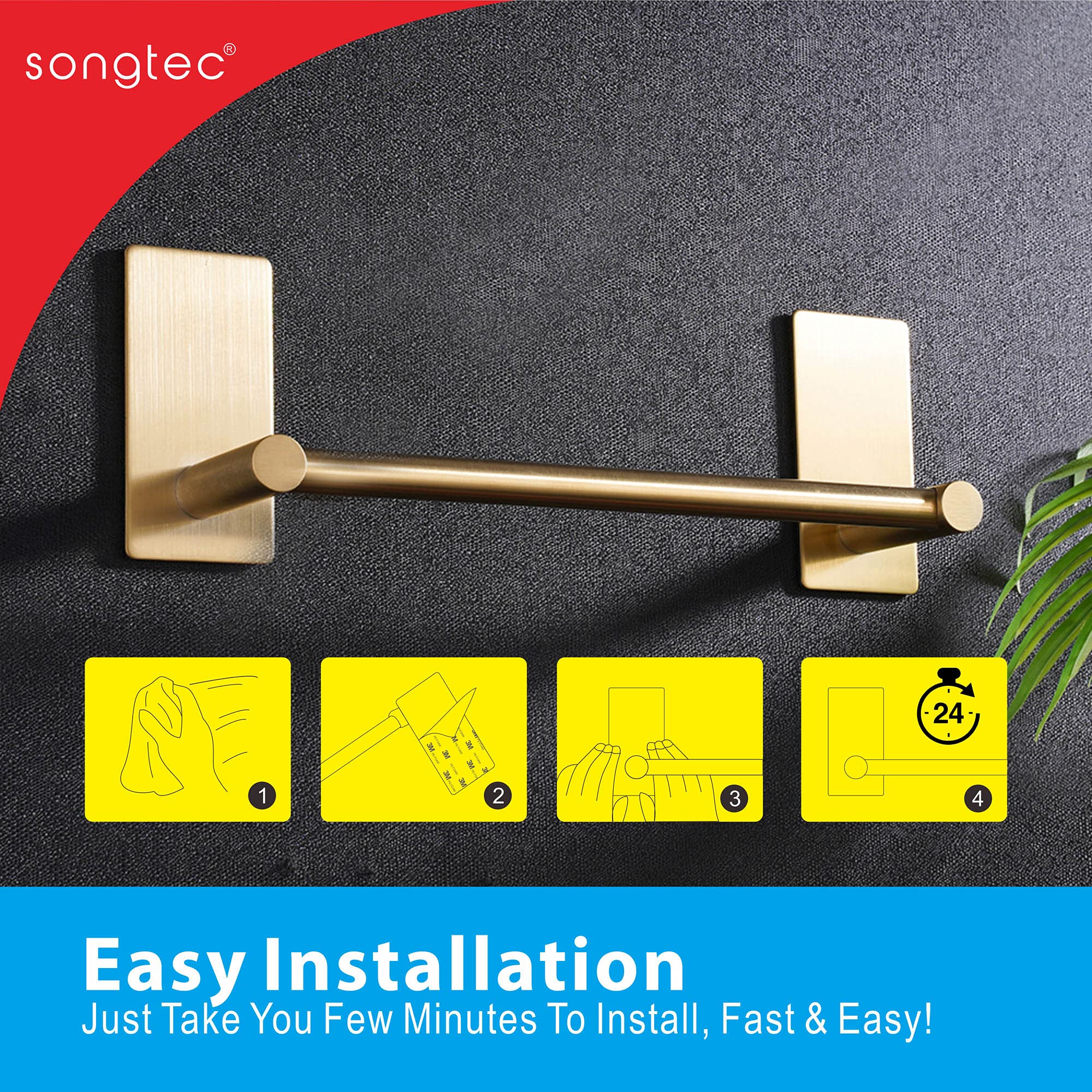 Songtec Gold Towel Bar 9-Inch, Adhesive Bath Towel Rack No Drill, Strong Adhesion Tape Mount Towel Holder, Stainless Steel - Bru